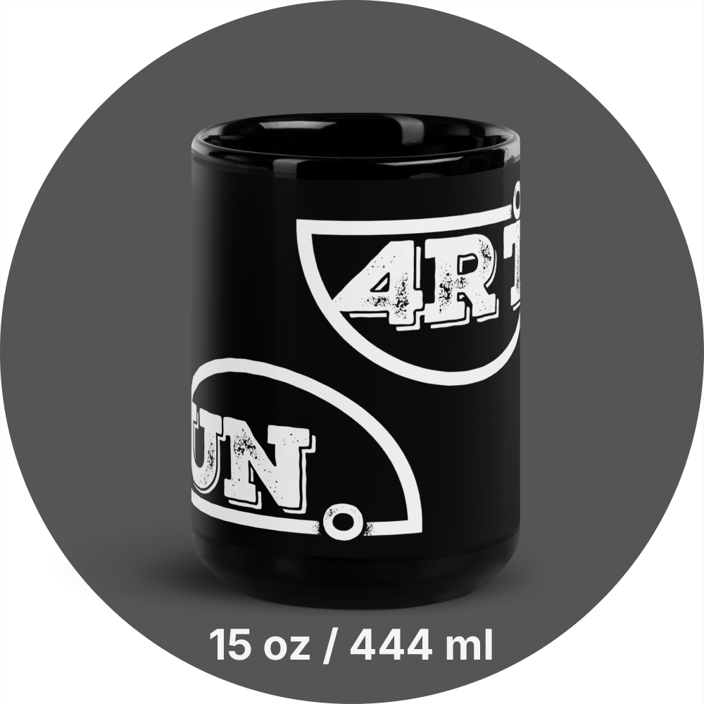 un4rt - the image shows a black 15oz mug with a white print of a splitted "UN4RT"-logo on the front.