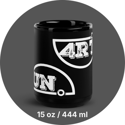 un4rt - the image shows a black 15oz mug with a white print of a splitted "UN4RT"-logo on the front.