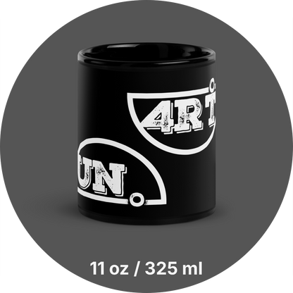 un4rt - the image shows a black 11oz mug with a white print of a splitted "UN4RT"-logo on the front.