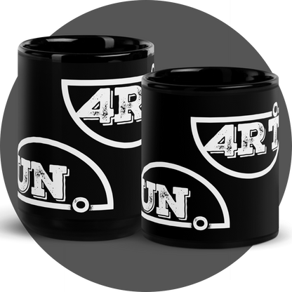 un4rt - the image shows two black mugs in different sizes with a white print of a splitted "UN4RT"-logo on them.