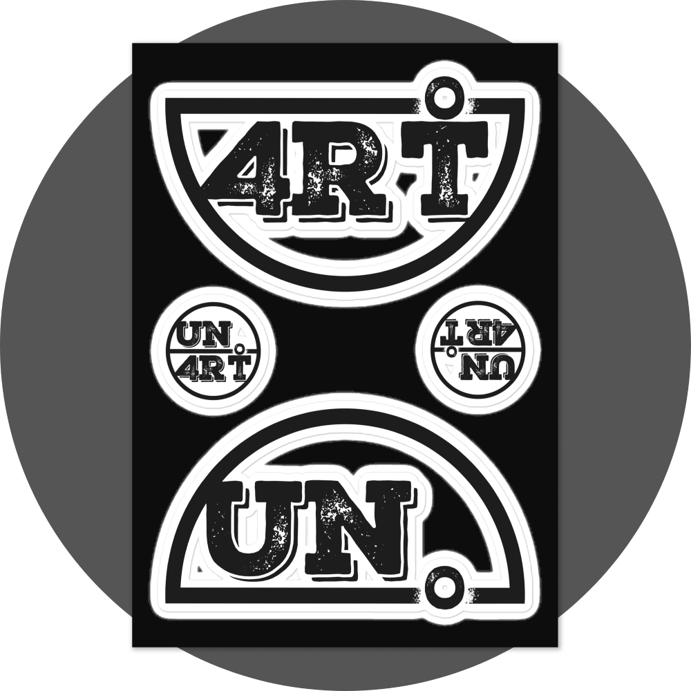un4rt - the image shows a sticker sheet with a big splitted "UN4RT"-logo and two smaller and unsplitted "UN4RT"-logos in black and white.
