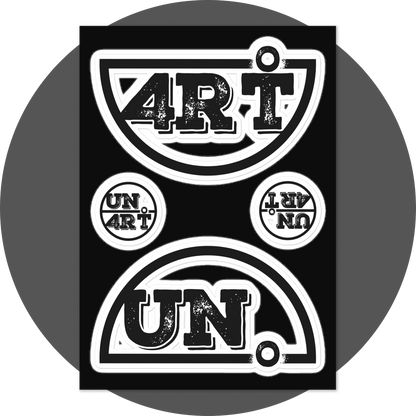 un4rt - the image shows a sticker sheet with a big splitted "UN4RT"-logo and two smaller and unsplitted "UN4RT"-logos in black and white.