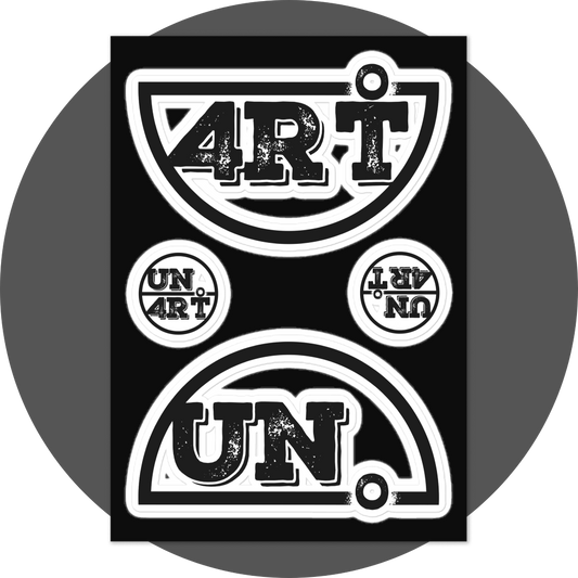 un4rt - the image shows a sticker sheet with a big splitted "UN4RT"-logo and two smaller and unsplitted "UN4RT"-logos in black and white.