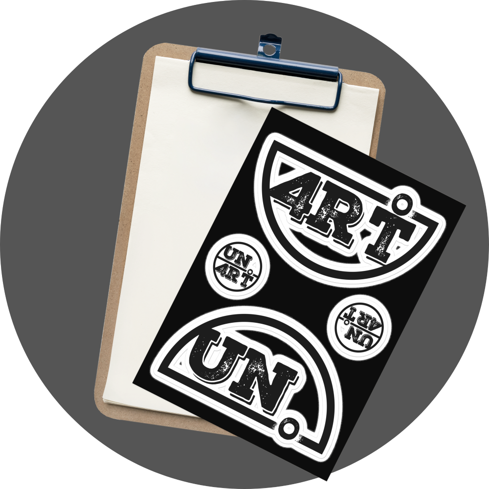 un4rt - the image shows a sticker sheet with a big splitted "UN4RT"-logo and two smaller and unsplitted "UN4RT"-logos in black and white. the sticker sheet is placed in front of a terminal board.