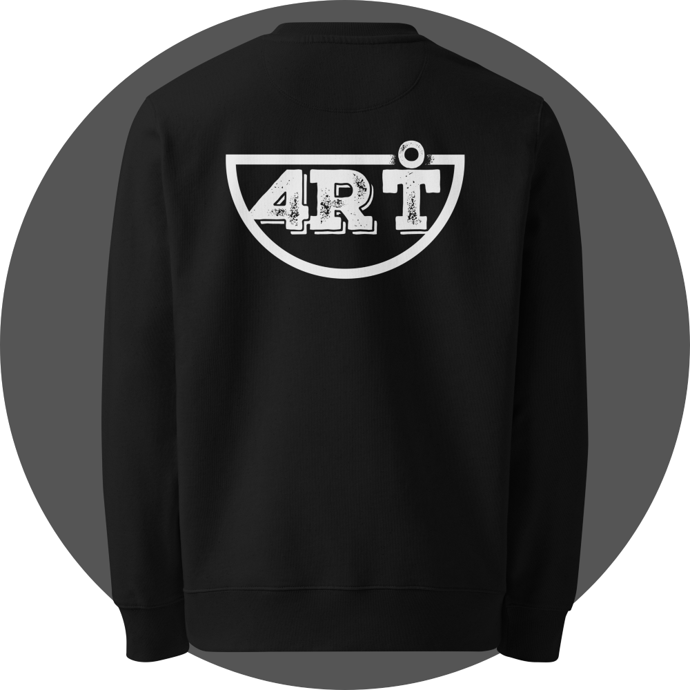 un4rt - the image shows the back of a black organic cotton sweatshirt with a big white print of the lower part of the "UN4RT"-logo.