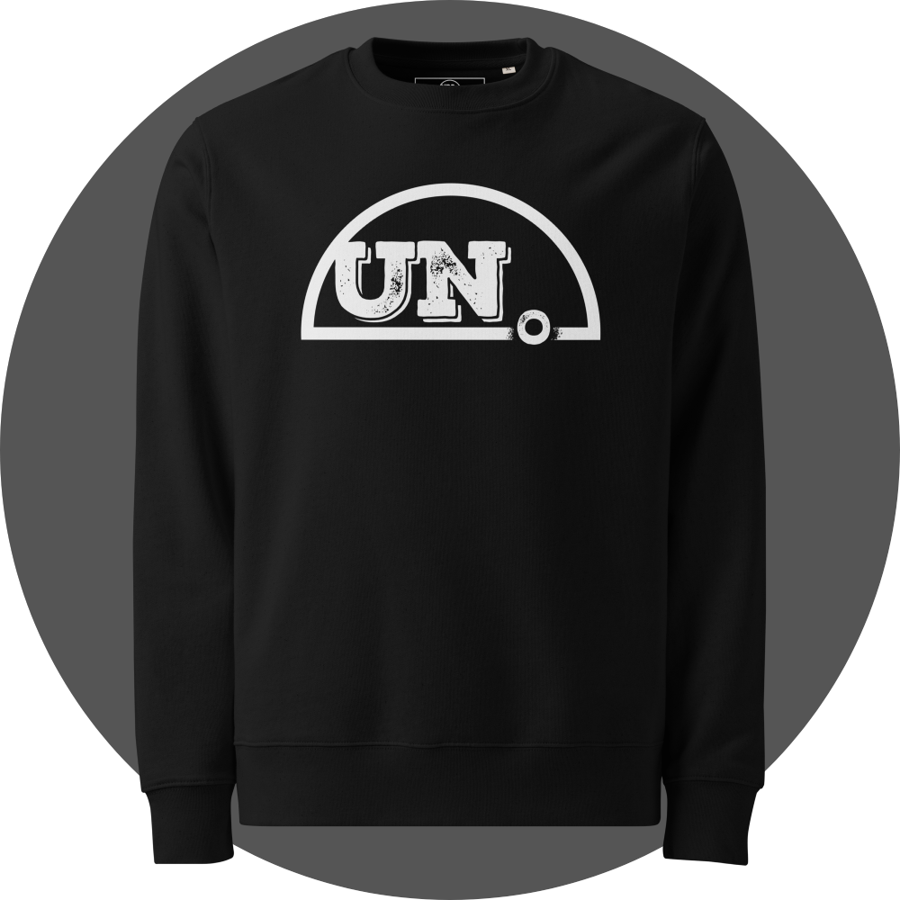 un4rt - the image shows the front of a black organic cotton sweatshirt with a big white print of the upper part of the "UN4RT"-logo.