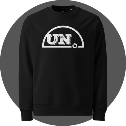 un4rt - the image shows the front of a black organic cotton sweatshirt with a big white print of the upper part of the "UN4RT"-logo.