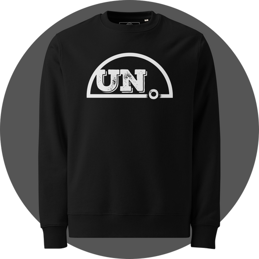 un4rt - the image shows the front of a black organic cotton sweatshirt with a big white print of the upper part of the "UN4RT"-logo.