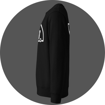 un4rt - the image shows the left side of a black organic cotton sweatshirt with parts of white prints on the front and the back.