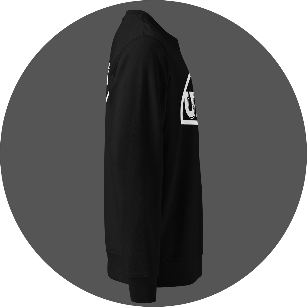 un4rt - the image shows the right side of a black organic cotton sweatshirt with parts of white prints on the front and the back.