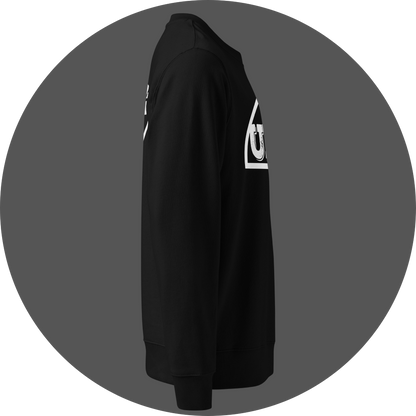 un4rt - the image shows the right side of a black organic cotton sweatshirt with parts of white prints on the front and the back.