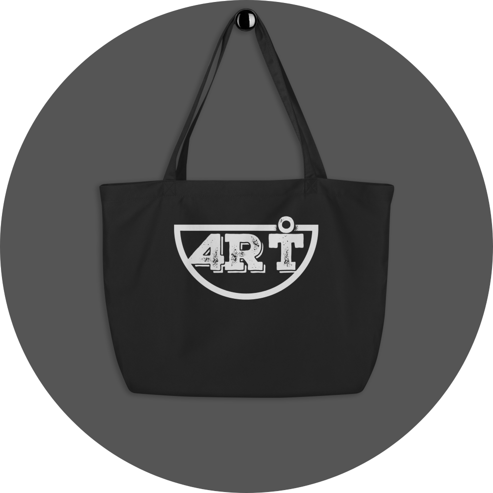 un4rt - the image shows a black certified organic cotton tote bag with a big white print of the lower part of the "UN4RT"-logo on it.