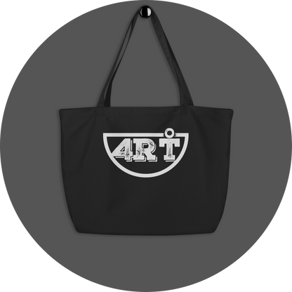 un4rt - the image shows a black certified organic cotton tote bag with a big white print of the lower part of the "UN4RT"-logo on it.
