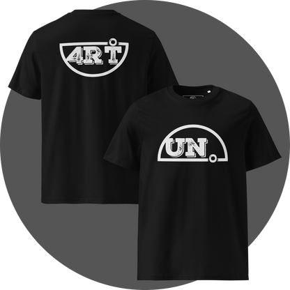 UN4RT black organic cotton t-shirt front and back, front: large white distressed "UN." text in semicircle arch, back: large white distressed "4RT" text in semicircle arch with degree symbol.