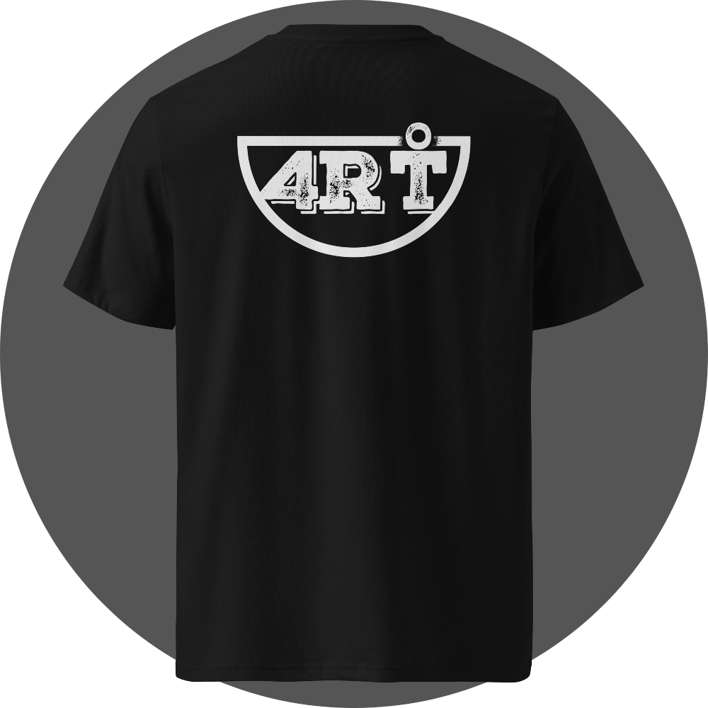 UN4RT black organic cotton t-shirt back, large white distressed "4RT" lettering with degree symbol inside a bold semicircle arch graphic centered on back.
