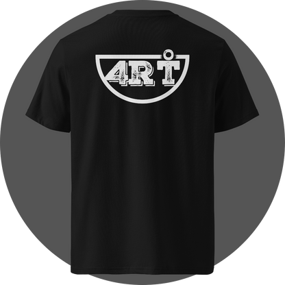 UN4RT black organic cotton t-shirt back, large white distressed "4RT" lettering with degree symbol inside a bold semicircle arch graphic centered on back.
