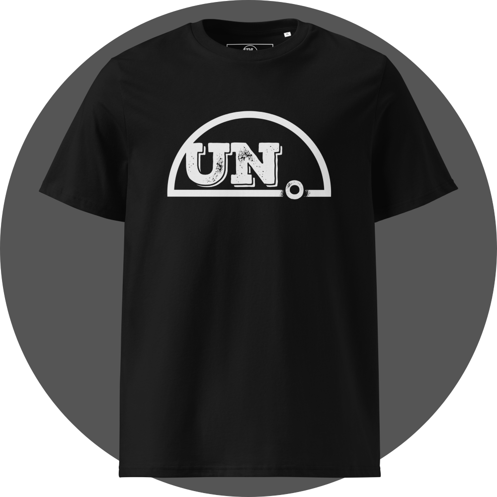 UN4RT black organic cotton t-shirt front, large white distressed "UN." lettering inside a bold semicircle arch graphic centered on chest.