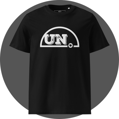 UN4RT black organic cotton t-shirt front, large white distressed "UN." lettering inside a bold semicircle arch graphic centered on chest.