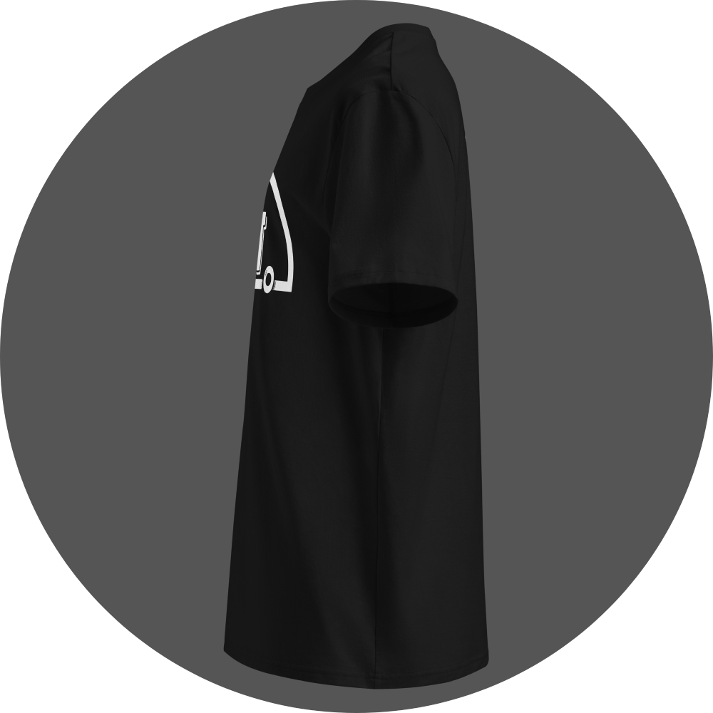UN4RT black organic cotton t-shirt left side view, right edge of the white semicircle arch and dot from the front graphic partially visible.