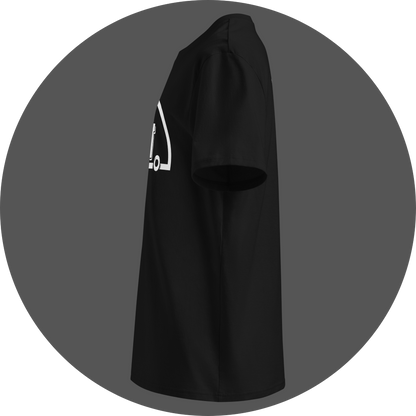 UN4RT black organic cotton t-shirt left side view, right edge of the white semicircle arch and dot from the front graphic partially visible.