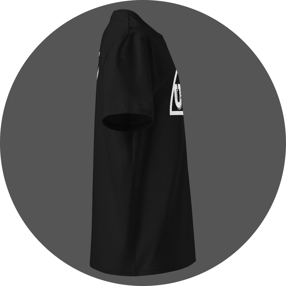 UN4RT black organic cotton t-shirt right side view, left edge of the white semicircle arch and "UN" text from front graphic partially visible.
