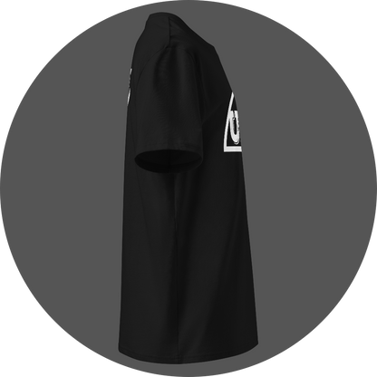 UN4RT black organic cotton t-shirt right side view, left edge of the white semicircle arch and "UN" text from front graphic partially visible.