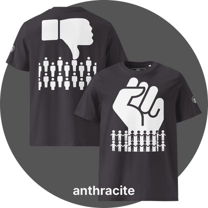 UN4RT anthracite organic cotton  t-shirt front and back, front: large white raised fist above two rows of white and black holding-hands pictograms, back: large white thumbs-down icon above two rows of white not-holding-hands pictograms, UN4RT logo on both left sleeves.