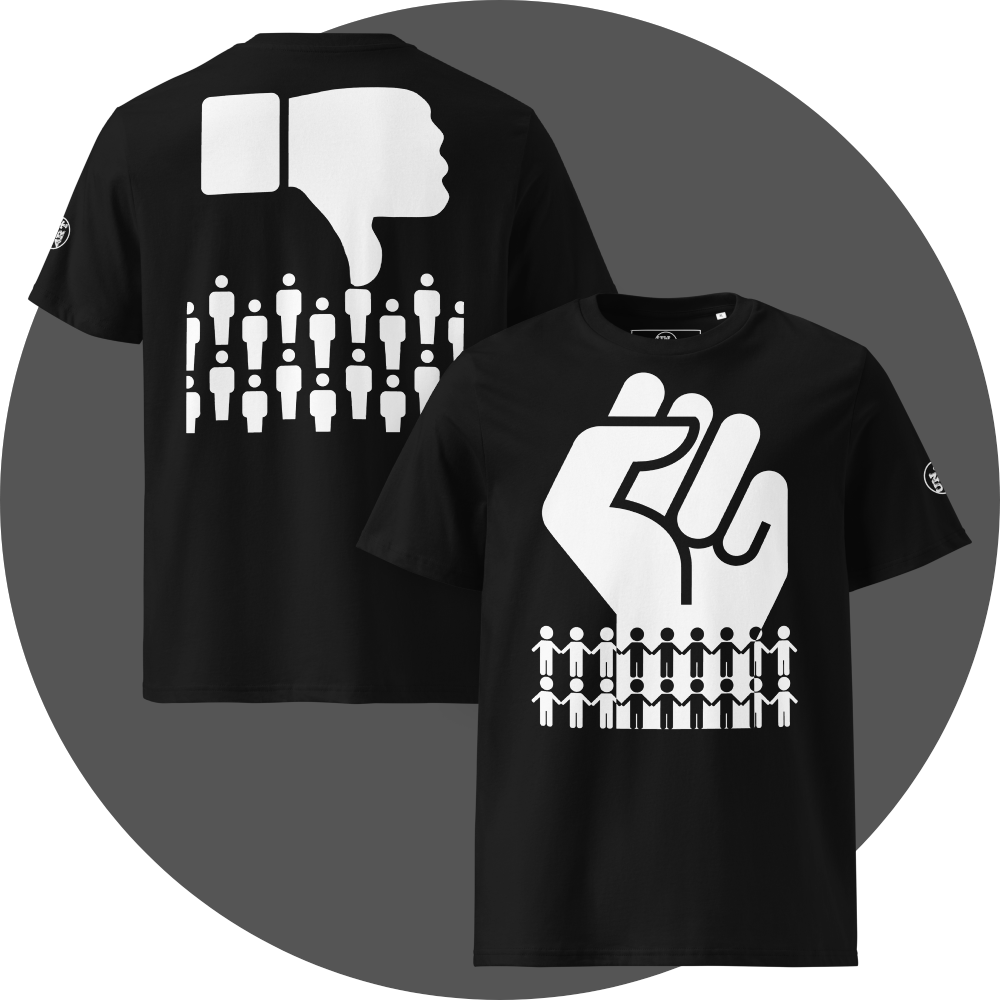 UN4RT black organic cotton  t-shirt front and back, front: large white raised fist above two rows of white and black holding-hands pictograms, back: large white thumbs-down icon above two rows of white not-holding-hands pictograms, UN4RT logo on both left sleeves.
