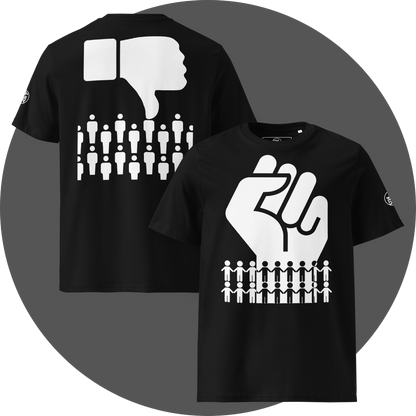 UN4RT black organic cotton  t-shirt front and back, front: large white raised fist above two rows of white and black holding-hands pictograms, back: large white thumbs-down icon above two rows of white not-holding-hands pictograms, UN4RT logo on both left sleeves.
