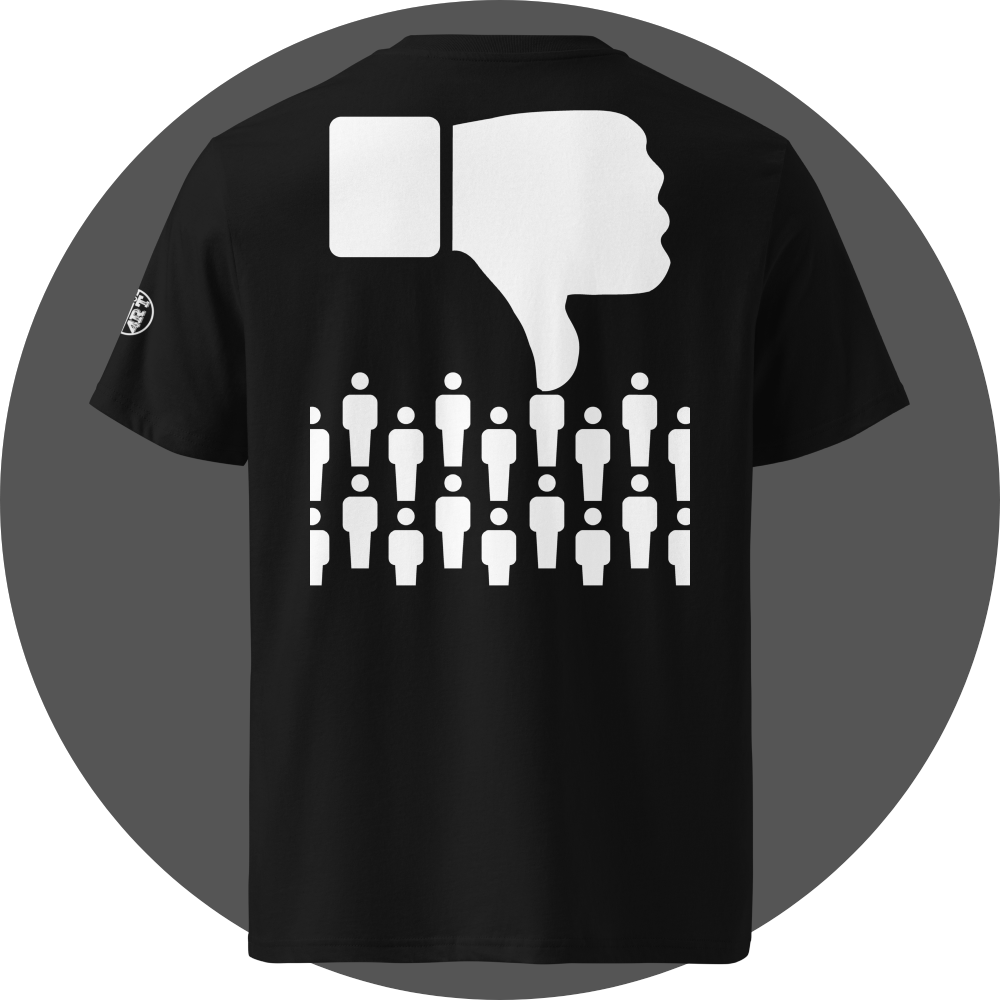 UN4RT black organic cotton t-shirt back, large white thumbs-down icon above two rows of white not-holding-hands pictogram figures, UN4RT logo on left sleeve.