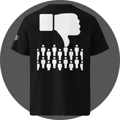 UN4RT black organic cotton t-shirt back, large white thumbs-down icon above two rows of white not-holding-hands pictogram figures, UN4RT logo on left sleeve.