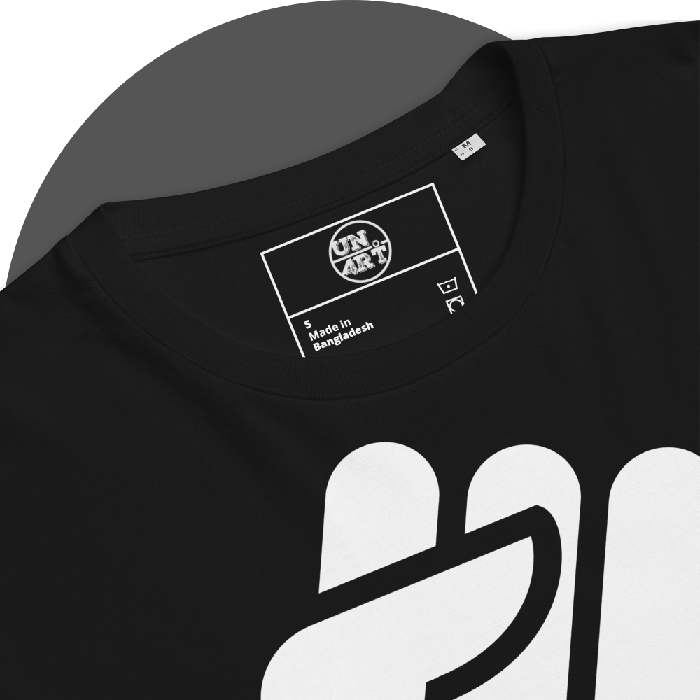 UN4RT black organic cotton t-shirt inner neck label with logo, care symbols, upper portion of raised fist graphic partially visible below.