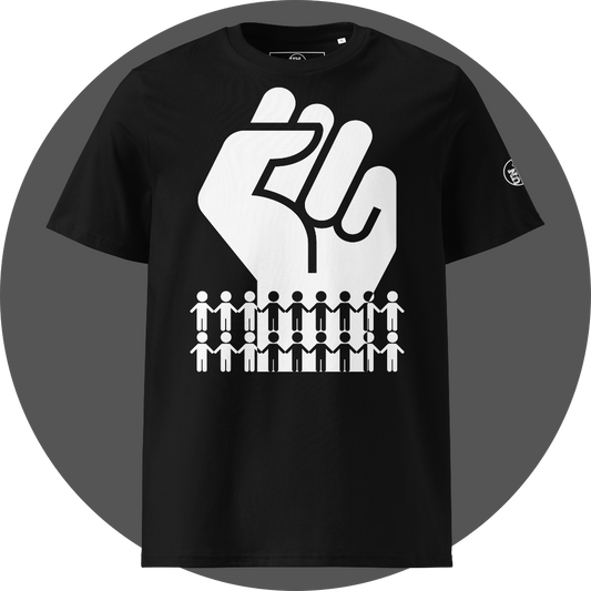 UN4RT black organic cotton t-shirt front, large white raised fist graphic above two rows of alternating white and black holding-hands pictogram figures, UN4RT logo on left sleeve.
