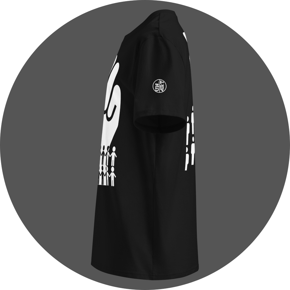 UN4RT black organic cotton t-shirt left side view, lower portion of raised fist and holding-hands figures from front print partially visible, UN4RT logo on left sleeve.