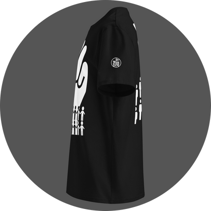 UN4RT black organic cotton t-shirt left side view, lower portion of raised fist and holding-hands figures from front print partially visible, UN4RT logo on left sleeve.