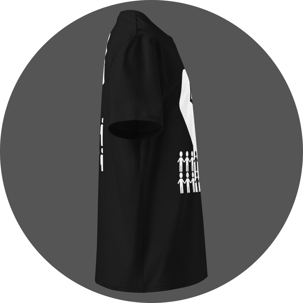 UN4RT black organic cotton t-shirt right side view, lower portion of raised fist and holding-hands figures from front print partially visible.