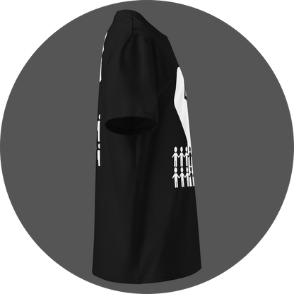 UN4RT black organic cotton t-shirt right side view, lower portion of raised fist and holding-hands figures from front print partially visible.