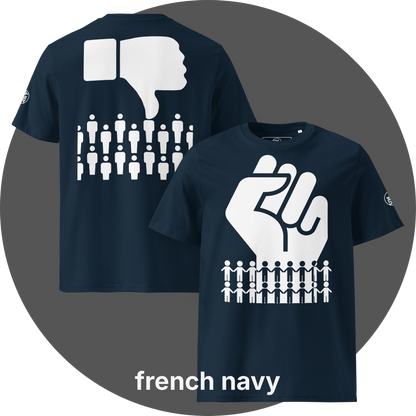 UN4RT french navy organic cotton  t-shirt front and back, front: large white raised fist above two rows of white and black holding-hands pictograms, back: large white thumbs-down icon above two rows of white not-holding-hands pictograms, UN4RT logo on both left sleeves.