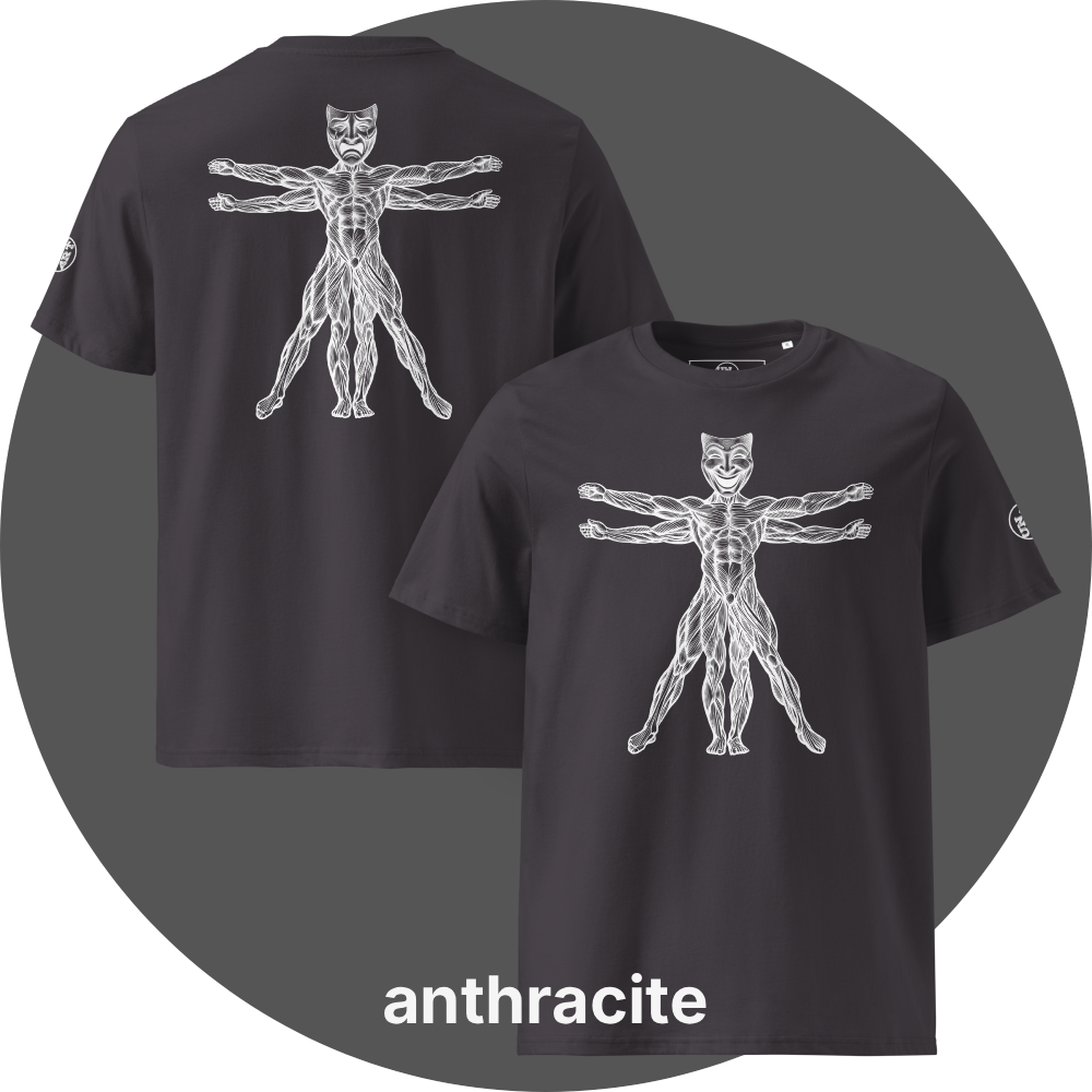 UN4RT anthracite organic cotton t-shirt front and back, front: vitruvian man figure with smiling theatre mask as head, back: same figure with tragic theatre mask as head, white line art on black, UN4RT logo on both left sleeves.