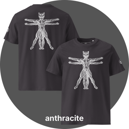 UN4RT anthracite organic cotton t-shirt front and back, front: vitruvian man figure with smiling theatre mask as head, back: same figure with tragic theatre mask as head, white line art on black, UN4RT logo on both left sleeves.
