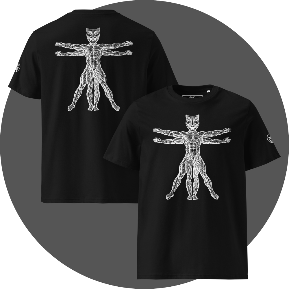 UN4RT black organic cotton t-shirt front and back, front: vitruvian man figure with smiling theatre mask as head, back: same figure with tragic theatre mask as head, white line art on black, UN4RT logo on both left sleeves.