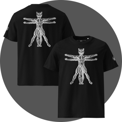 UN4RT black organic cotton t-shirt front and back, front: vitruvian man figure with smiling theatre mask as head, back: same figure with tragic theatre mask as head, white line art on black, UN4RT logo on both left sleeves.