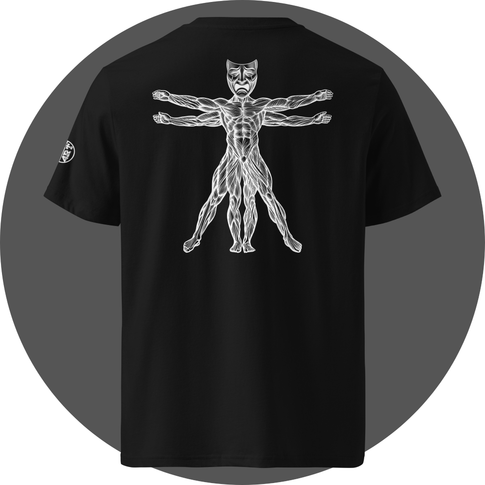 UN4RT black organic cotton t-shirt back, white line art vitruvian man figure with tragic theatre mask as head, arms and legs extended, UN4RT logo on left sleeve.