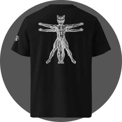 UN4RT black organic cotton t-shirt back, white line art vitruvian man figure with tragic theatre mask as head, arms and legs extended, UN4RT logo on left sleeve.
