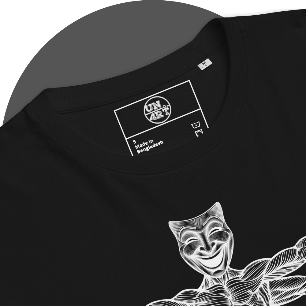 UN4RT black organic cotton t-shirt inner neck label with brand logo and care symbols, smiling theatre mask head of vitruvian figure partially visible below.