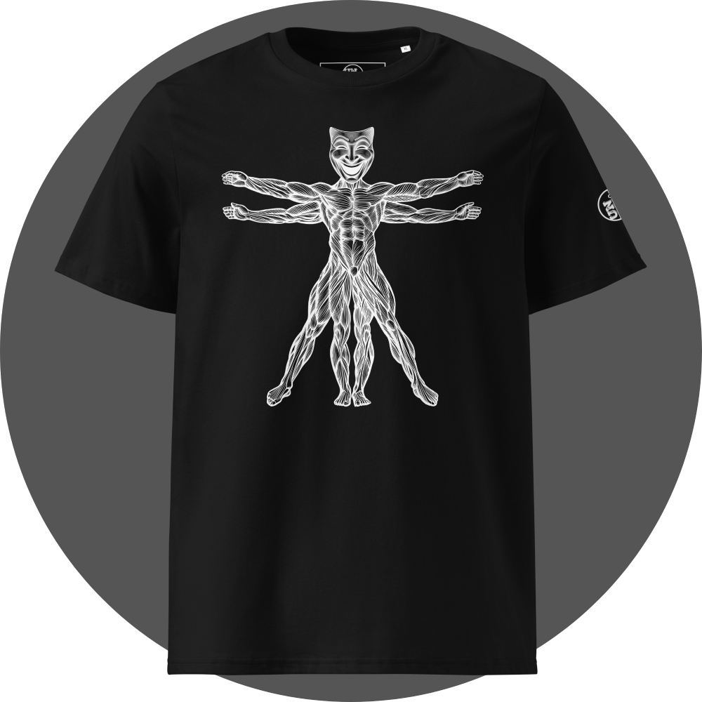 UN4RT black organic cotton t-shirt front, white line art vitruvian man figure with smiling comedy theatre mask as head, arms and legs extended, UN4RT logo on left sleeve.