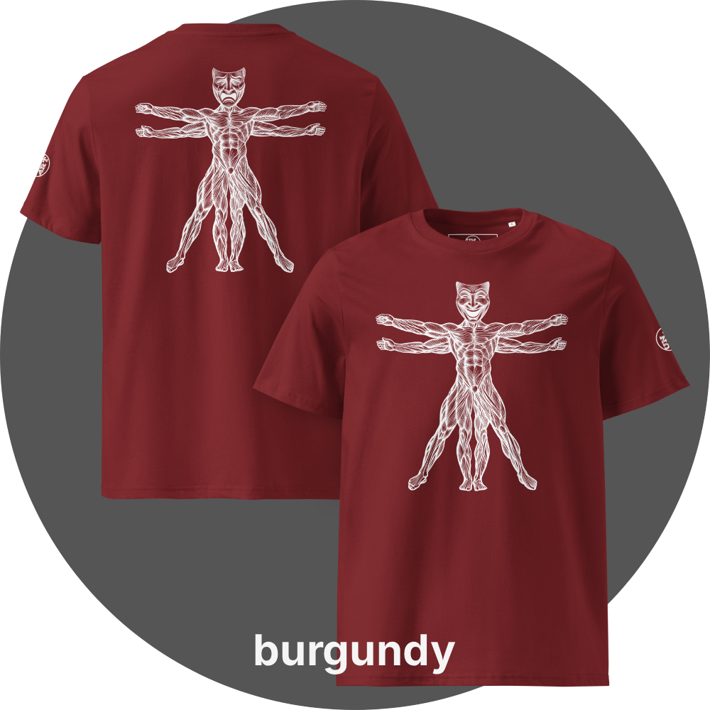 UN4RT burgundy organic cotton t-shirt front and back, front: vitruvian man figure with smiling theatre mask as head, back: same figure with tragic theatre mask as head, white line art on black, UN4RT logo on both left sleeves.