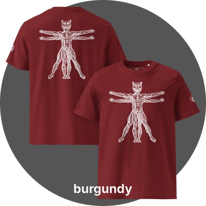 UN4RT burgundy organic cotton t-shirt front and back, front: vitruvian man figure with smiling theatre mask as head, back: same figure with tragic theatre mask as head, white line art on black, UN4RT logo on both left sleeves.