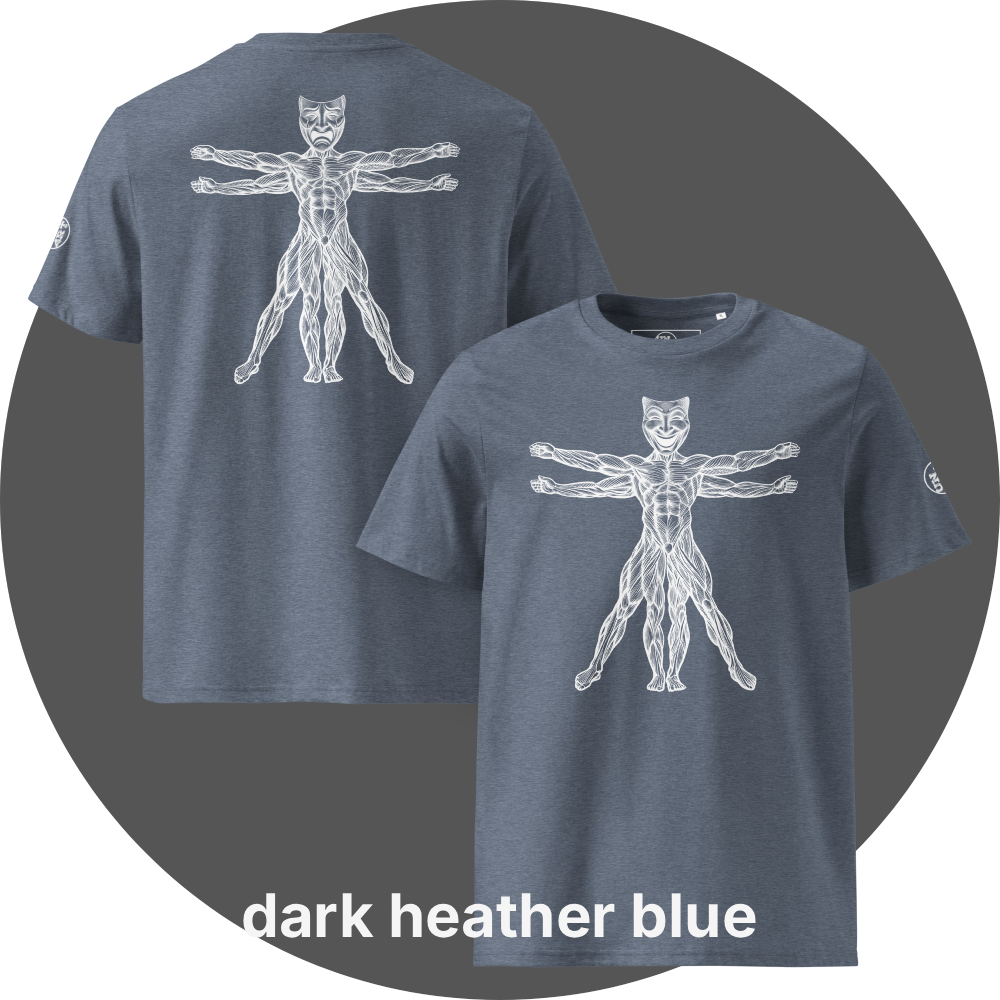 UN4RT dark heather blue organic cotton t-shirt front and back, front: vitruvian man figure with smiling theatre mask as head, back: same figure with tragic theatre mask as head, white line art on black, UN4RT logo on both left sleeves.