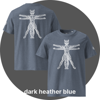 UN4RT dark heather blue organic cotton t-shirt front and back, front: vitruvian man figure with smiling theatre mask as head, back: same figure with tragic theatre mask as head, white line art on black, UN4RT logo on both left sleeves.